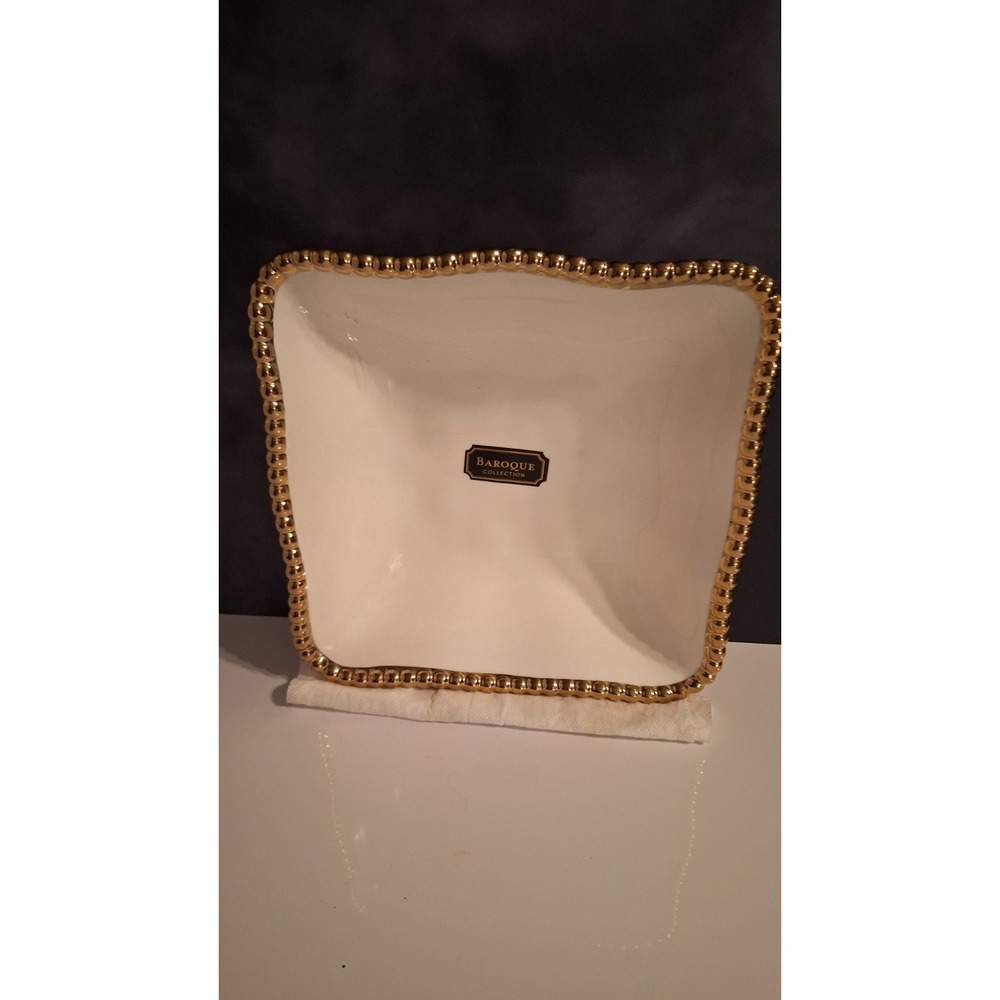 Baroque Collection White/ Gold Ceramic Serving Holiday Bowl New